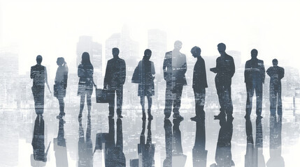 Silhouettes of business people stand against a blurred cityscape, reflecting professional unity