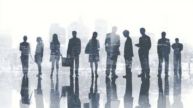 Silhouettes of business people stand against a blurred cityscape, reflecting professional unity