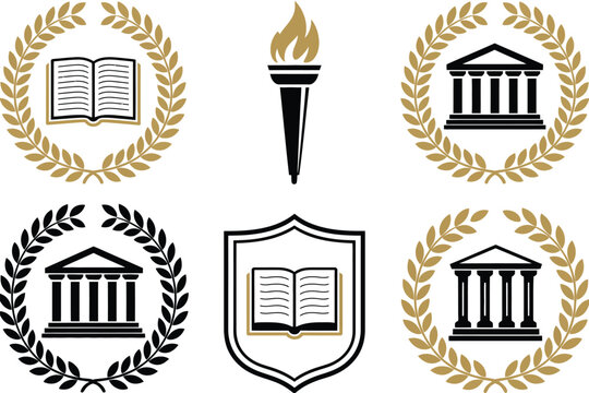 Education and Learning Icons,  Laurel Wreath Symbols Featuring Torch, Open Book, and Building Illustrations Representing Academic Success and University Excellence