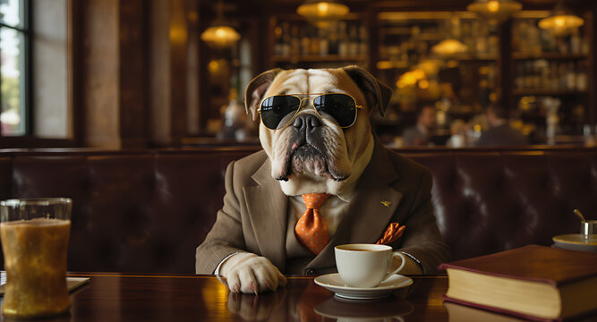 Bulldog in sunglasses and brown suit sitting at table with coffee cup in cafe