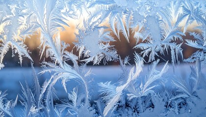 Intricate patterns of frost crystals on a window, with a blurry outdoors