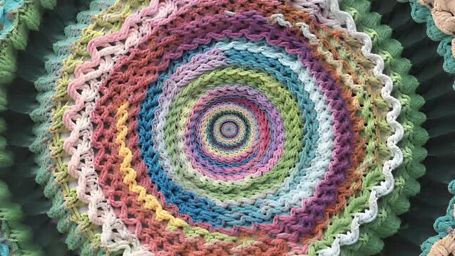Dynamic and Universally Applicable Animated Background Featuring a Retro-Styled Knitted Abstract Spiral Shape in Soft Colors Joyfully Dancing to Music in a Continuous