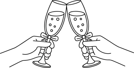 Minimal line art of two hands clinking champagne glasses, celebration toast illustration for wedding, party, New Year or event design