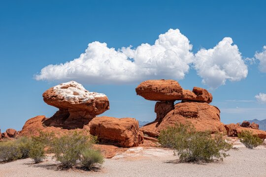 Red rock formations, balanced stones, sunny sky