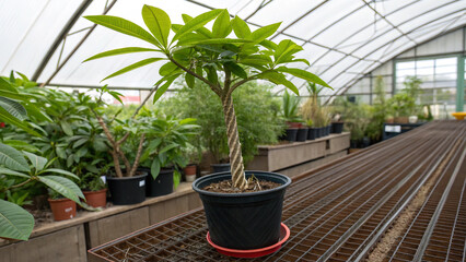 Vibrant Green Plant with Twisted Trunk in a Bright Greenhouse Setting