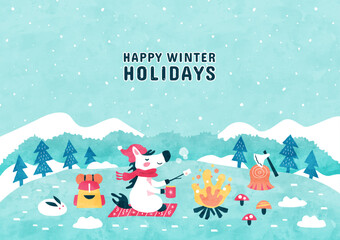 馬の冬キャンプの背景イラスト 雪が舞う山々と雪原の自然風景（水彩風）