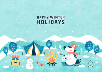 馬の冬キャンプの背景イラスト 雪が舞う山々と雪原の自然風景（水彩風）