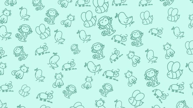 Many line drawings of simple animals on a light blue background. Great for educational materials or childrens products. Ideal for kids coloring books or educational flashcards.