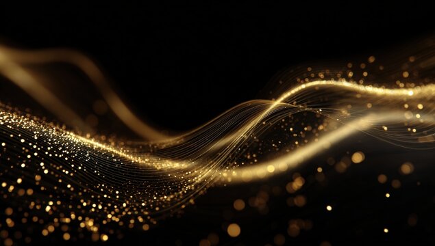 Abstract golden swirling particles on black background
