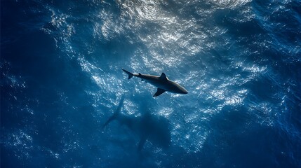 Obraz premium A powerful great white shark glides gracefully through the deep blue ocean, captured from a stunning aerial drone perspective with sunlight rippling on the water surface