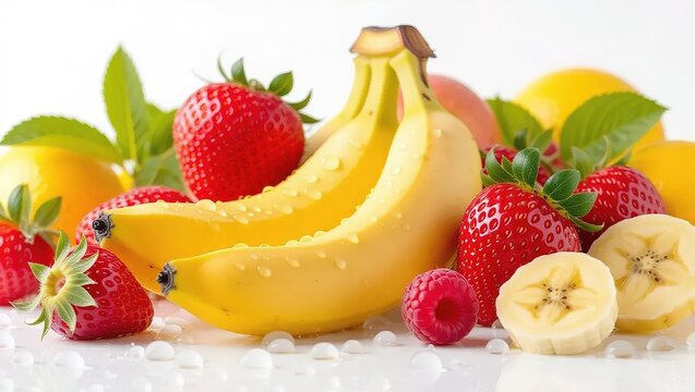 Fresh fruit medley featuring bananas strawberries and lemons.