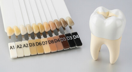 Dental shade guide with tooth color samples and model tooth, showcasing various shades for cosmetic dentistry and dental restoration procedures