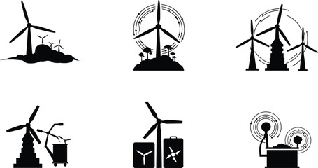 Wind energy icons, renewable power silhouettes, eco friendly technology design, sustainable electricity concept, green energy infrastructure, turbine monitoring system