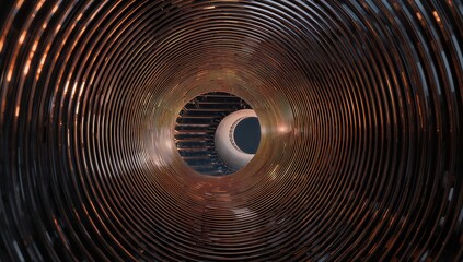Obraz premium Abstract Tunnel A Journey Through Metallic Spirals to a Glimmering Spherical Object