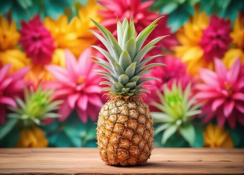 A juicy ripe pineapple sits atop a vibrant pink floral background