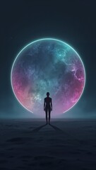 Fototapeta premium A solitary figure gazes at a vibrant, glowing planet in a distant galaxy, a surreal vision of cosmic exploration and solitude