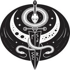Black and white illustration of a sword with runes and a snake against a moon and stars background