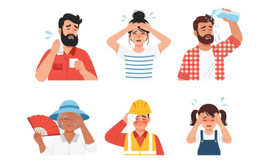 Diverse group of people suffering from hot weather. Climate change and global warming concept