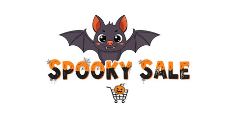 Cute cartoon bat promotes spooky halloween sale with pumpkin basket
