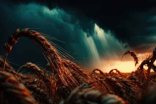 Golden wheat field under dramatic stormy sky