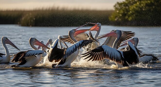 Pelicans Fighting Over Fish with Sunrise.