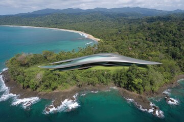 Aerial view of futuristic, modern home on coastal cliff
