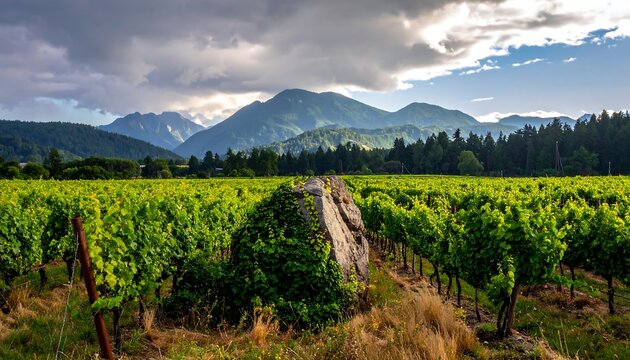 Lush vineyard with rows of vibrant green grapevines, mountains and cloudy skies