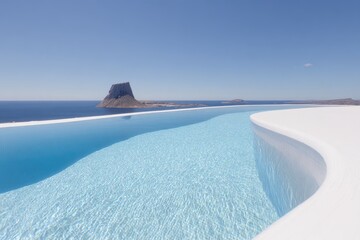 Infinity pool, cliffside, azure water, pristine white deck, distant island