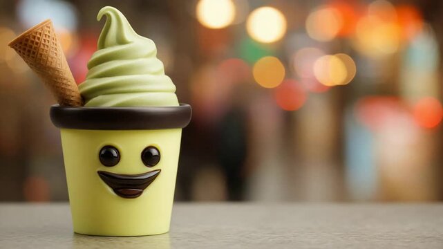 Adorable Green Soft Serve Ice Cream Cup with Smiley Face and Cone.