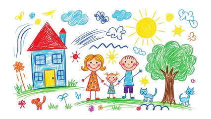 Family's colorful sketch : A colorful childlike drawing depicts the quintessential family, smiling brightly. It symbolizes home, warmth, and togetherness, the foundation of familial love.