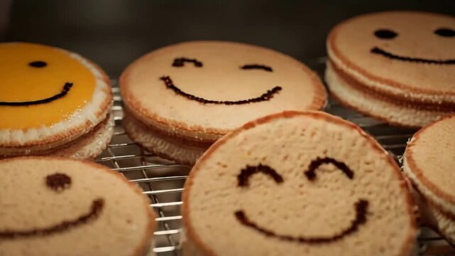 Close up of delightful smiley face cakes cooling on a rack.