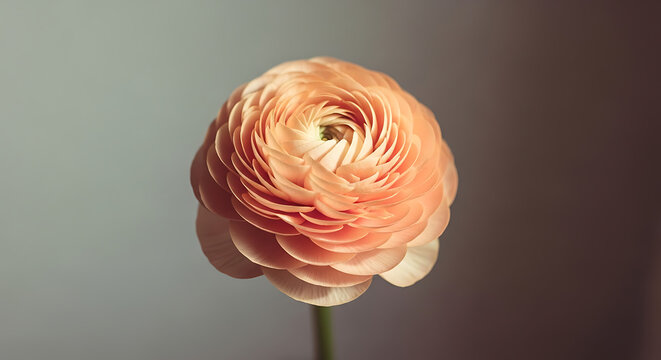 Close-up of delicate peach ranunculus flower on soft gradient background