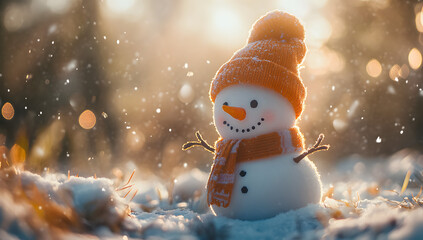 A cute snowman wearing an orange hat and scarf, standing in the middle of a snowy landscape with falling snowflakes.
