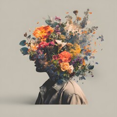 Creative Silhouette with Floral Explosion on Neutral Background