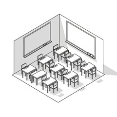 Isometric view of a classroom with desks, chairs, and whiteboards, illustrating a typical educational setting.