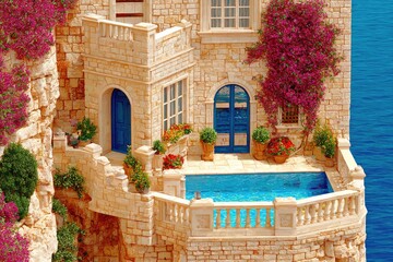 Coastal villa with a pool and vibrant flowers