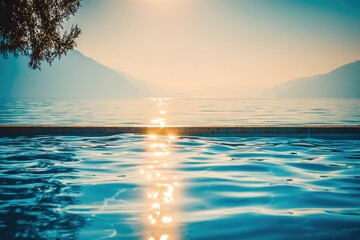 Sunrise over a serene mountain lake pool