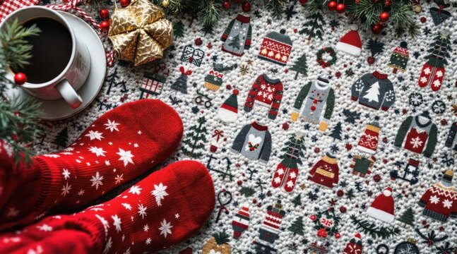 Christmas carpet flat lay concept. Cozy winter scene with festive socks and patterned rug.