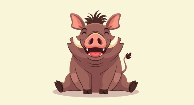 A happy cartoon wild boar with large tusks and a wide smile sitting down.