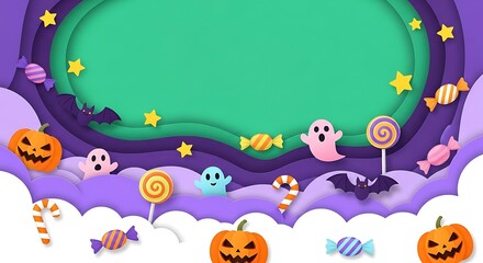 Naklejka premium Cute Halloween Background with Pumpkins Ghosts and Candies.