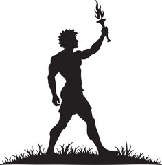 Black silhouette muscular man holding flaming torch on grass