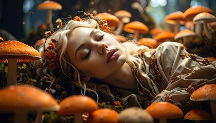 Woman Sleeping Amidst Orange Mushrooms in Forest