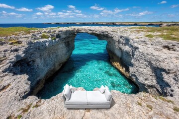Light gray couch on coastal rock outcrop