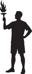 Black silhouette of a man holding a flaming torch flame