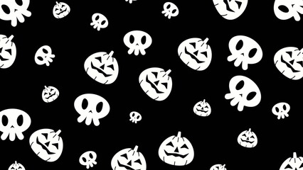 Halloween pattern image with white pumpkins and skulls on a black base. Ideal for haunted house flyers, halloween project, or spooky marketing.