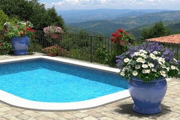 Outdoor pool with mountain view and gardens