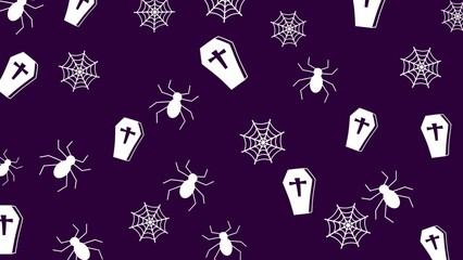 Halloween pattern image with coffins, spiders, and spiderwebs on a purple background, great for spooky themed designs, invitations, posters, and social media.