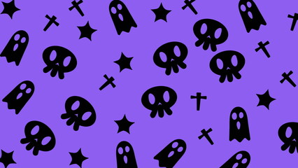 Halloween pattern image with black skulls, ghosts, stars, and crosses, creating a spooky and edgy design perfect for halloweenthemed projects.