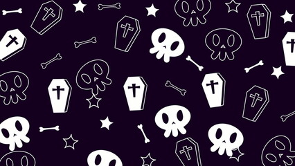 Halloween pattern image featuring white coffins, skulls, stars, and bones on a dark purple background. Perfect for halloweenthemed designs and spooky concepts.