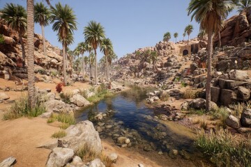 Sunny desert valley with a clear stream